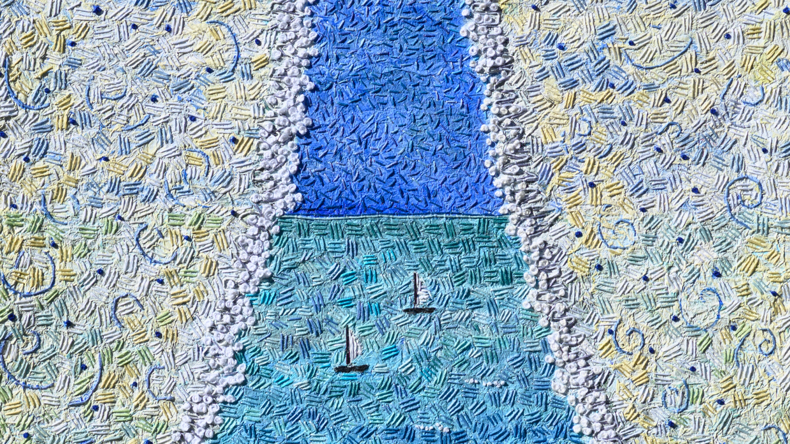 embroidered painting of boats on water through a window